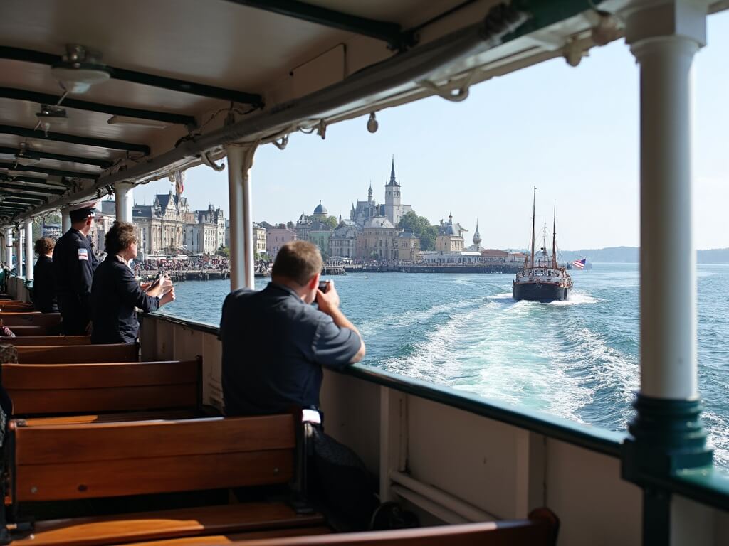 Passengers on a ferry's upper deck photographing Mackinac Island's Victorian architecture, with crew members preparing for docking and horse-drawn carriages visible on the shore.