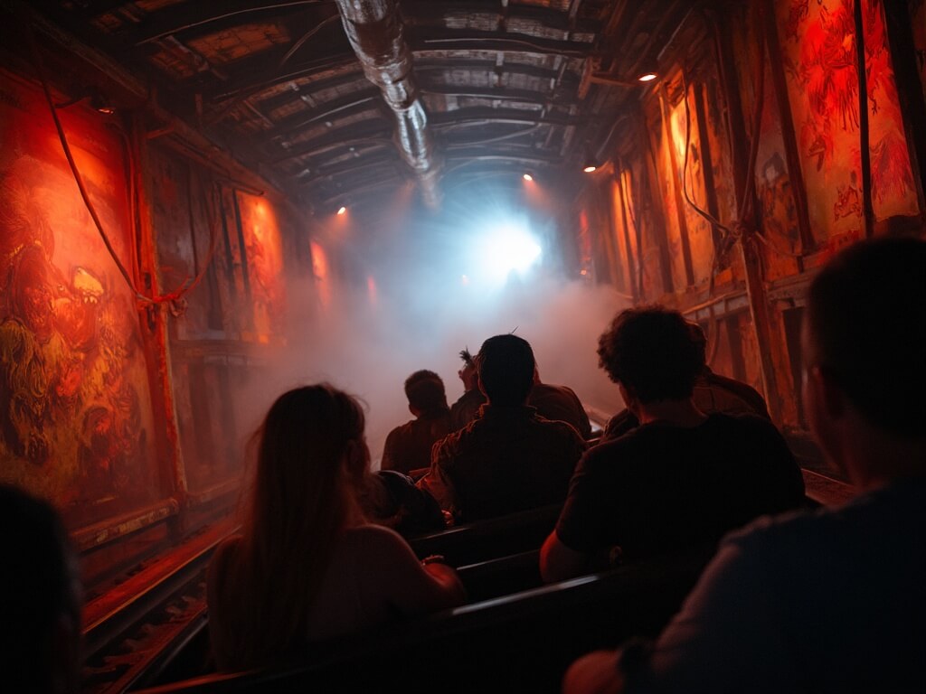Riders in silhouette on Fire In The Hole dark coaster ride, encountering a scene of Ozark legends lit by theatrical lighting, with animatronics, painted background, special effects smoke, and track disappearing into darkness.