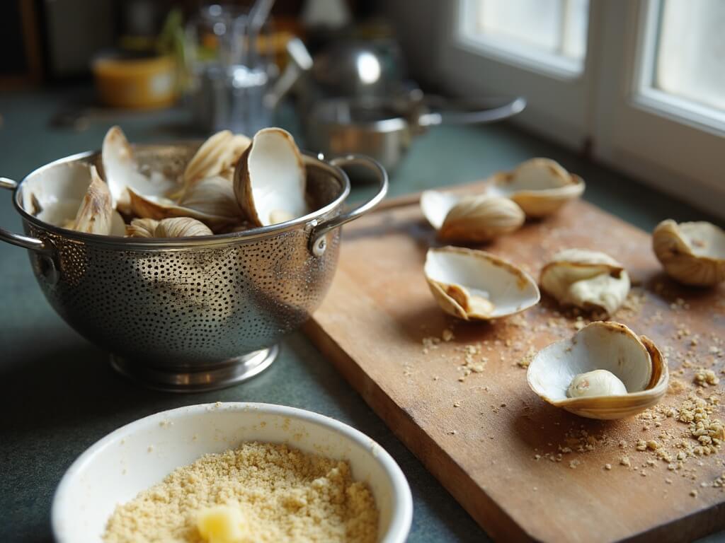 Preparing fresh razor clams in a kitchen, with cleaned clams draining in a colander, one being shucked on a cutting board, others purging sand in a bowl of cornmeal and water, beside ingredients like garlic and butter under natural window light.