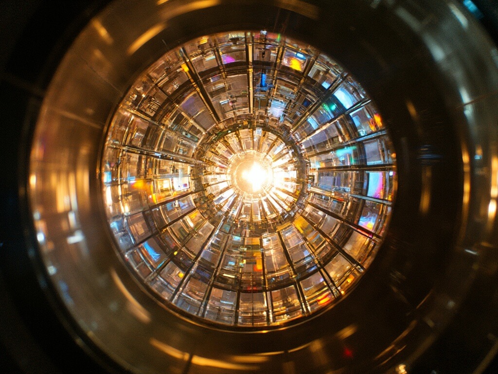 Close-up of historic Fresnel lens, displaying intricate prisms and concentric circle design, supported by a brass structure, with light refracting to create rainbow patterns on the walls