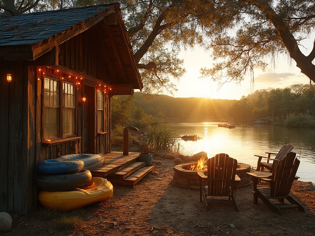 Rustic riverside cabin rental on the Frio River at sunset, featuring weathered wood structure, private river access point, kayaks and tubes, fire pit with Adirondack chairs, and family preparing for BBQ.