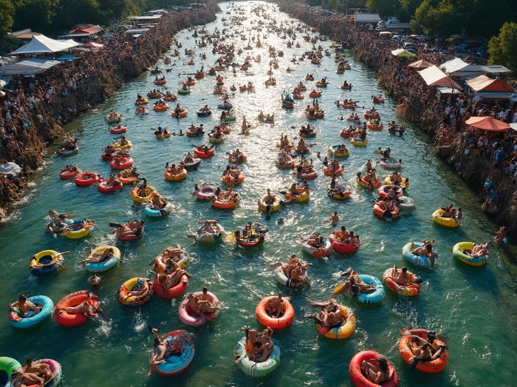 Aerial view of a bustling Frio River on a sunny day with hundreds of people in colorful tubes, socializing and enjoying refreshments, with busy riverbanks and tube rental lines visible, highlighting peak season contrast with shoulder season.