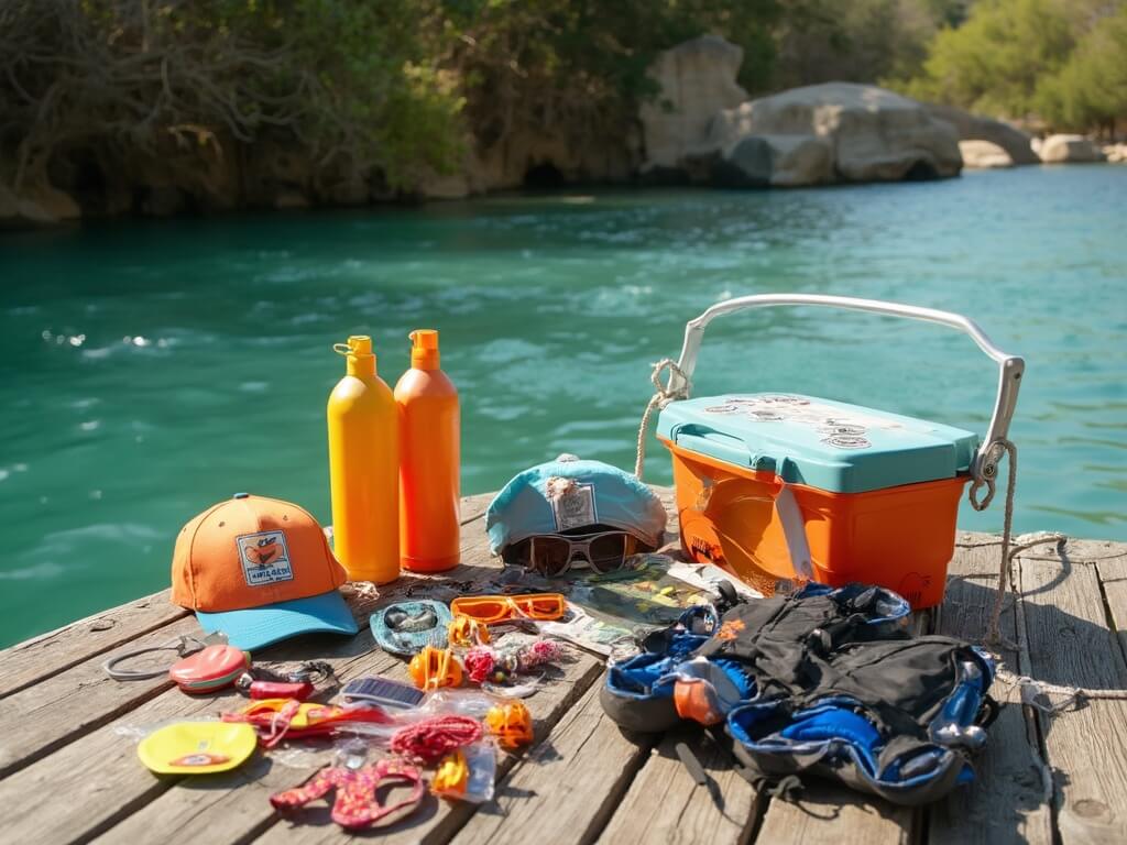 River tubing essentials arranged on a wooden dock by the Frio River, including sunscreen, water shoes, a baseball cap, life jackets, waterproof phone cases, and a cooler, set against Texas Hill Country scenery with cypress trees, limestone cliffs and 68-degree turquoise water.