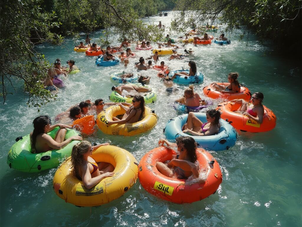 Diverse group of people enjoying a summer float on the Frio River with colorful innertubes, some with coolers and speakers, surrounded by cypress trees viewed from above, representing peak season traffic.
