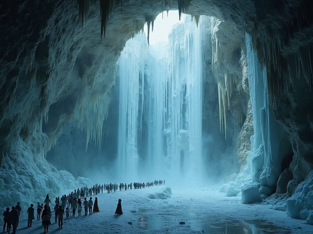 Visitors on walkway observing the Frozen Niagara formation, an illuminated massive stone cascade reminiscent of a frozen waterfall, framed by stalactites and stalagmites, with mist effect encapsulating the ancient geological processes
