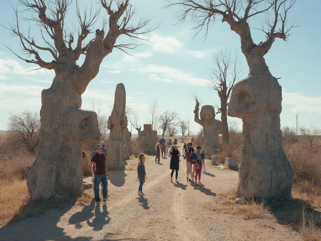 Tourists document the surreal Garden of Eden sculptures in Lucas, Kansas, where unsettling cement figures encapsulate biblical and political scenes under haunting shadows, with the endless Kansas landscape and contrasting communal Cawker City's twine ball in the distance.