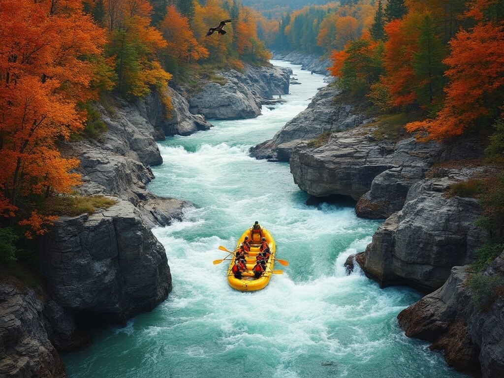 A yellow raft with six paddlers maneuvering through rocky channel on Gauley River surrounded by vibrant autumn foliage in Appalachian hillsides, with a bald eagle soaring above and river otters visible on a far bank.