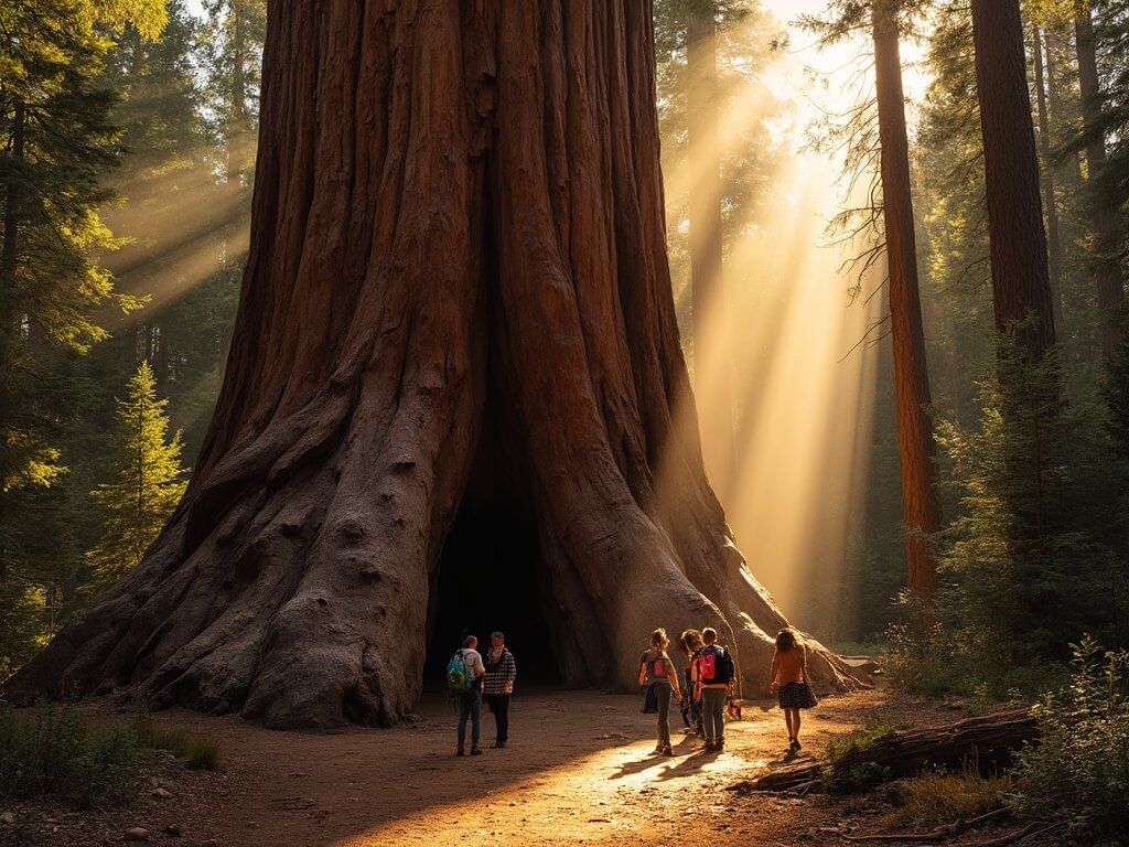 Nature photographer taking a photo of the massive General Grant Tree during golden hour, with sunlight beams, visitors at the tree base, visible interpretive trail in the foreground, and distinctive red bark texture against a shadowy forest background