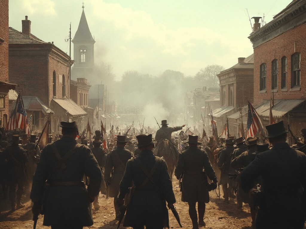 Union soldiers retreating through Gettysburg under fire, aiding wounded and returning shots, with General Hancock rallying troops on horseback in smoky battlefield with urban backdrop.