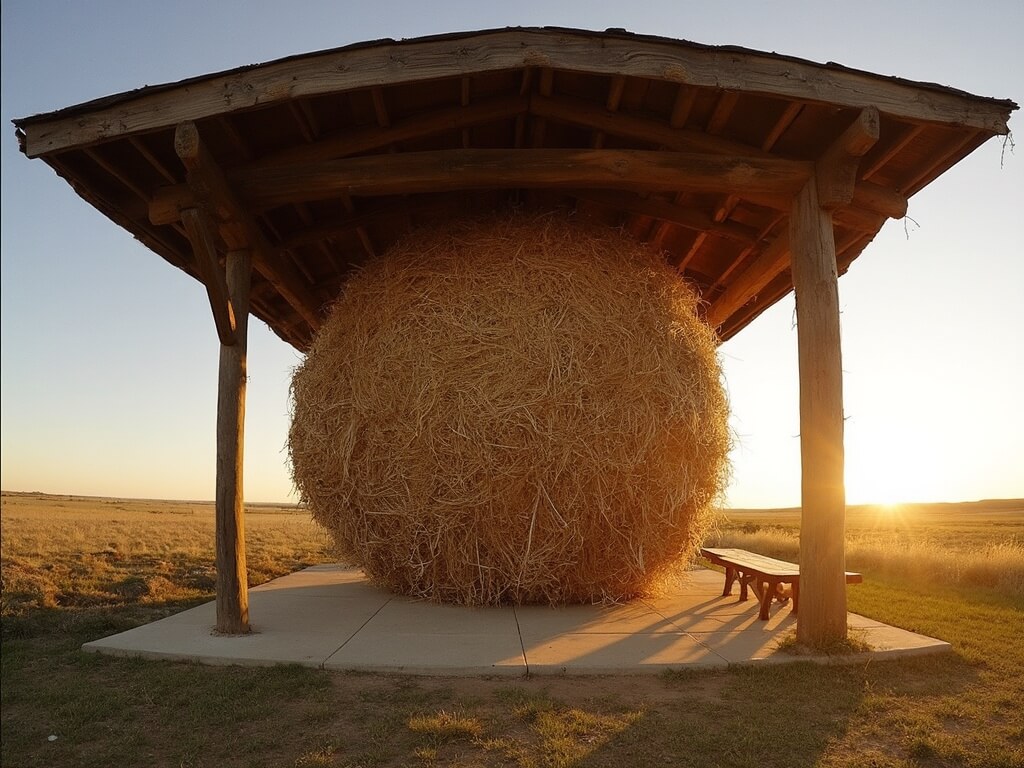 Giant 14.6-foot diameter sisal twine ball sitting under a wooden pavilion with bench seating, under warm sunlight in rural Kansas landscape