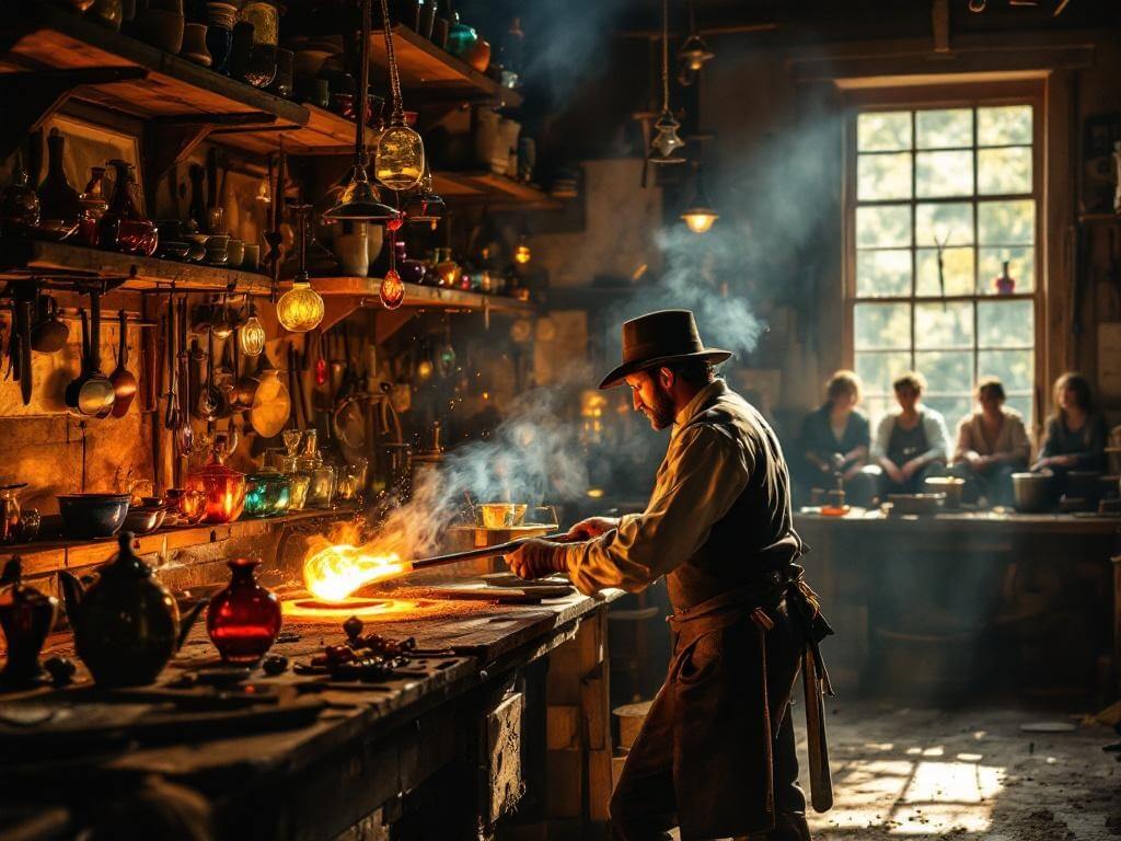 Glassblower in traditional attire shaping molten glass in a furnace at Silver Dollar City workshop, with shelves of colorful glassware, authentic tools, spectators through the window, and sunlight creating dramatic shadows