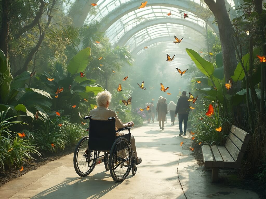 Grandmother in a wheelchair exploring a spacious butterfly conservary with lush tropical plants and colorful butterflies, on a smooth pathway with an accessible bench ahead, under soft natural light from a glass ceiling