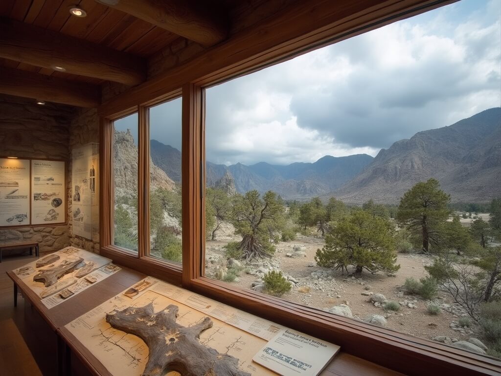 Inside view of Great Basin National Park visitor center showing dendrochronology displays and a distant view of bristlecone grove trail under stormy afternoon clouds.
