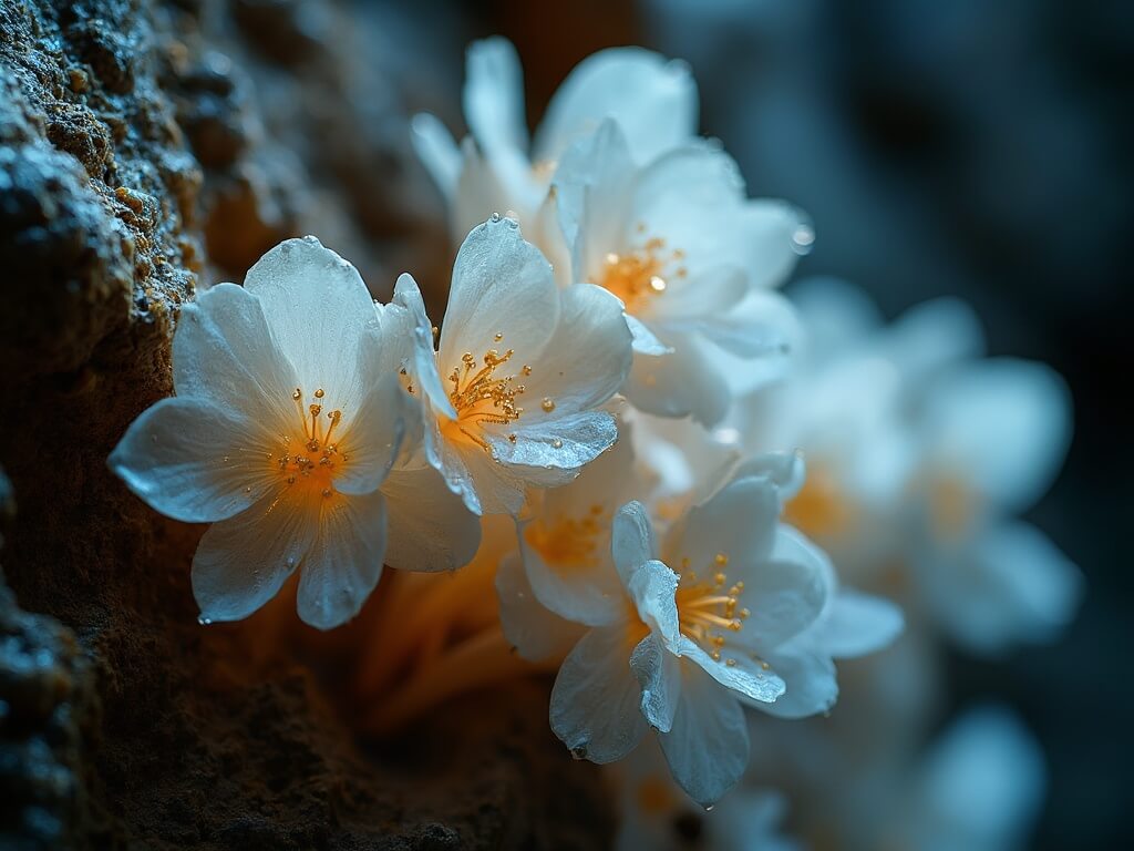 Close-up of delicate gypsum flowers on a cave wall with water droplets on their translucent petals, illuminated by specialized cave photography lighting
