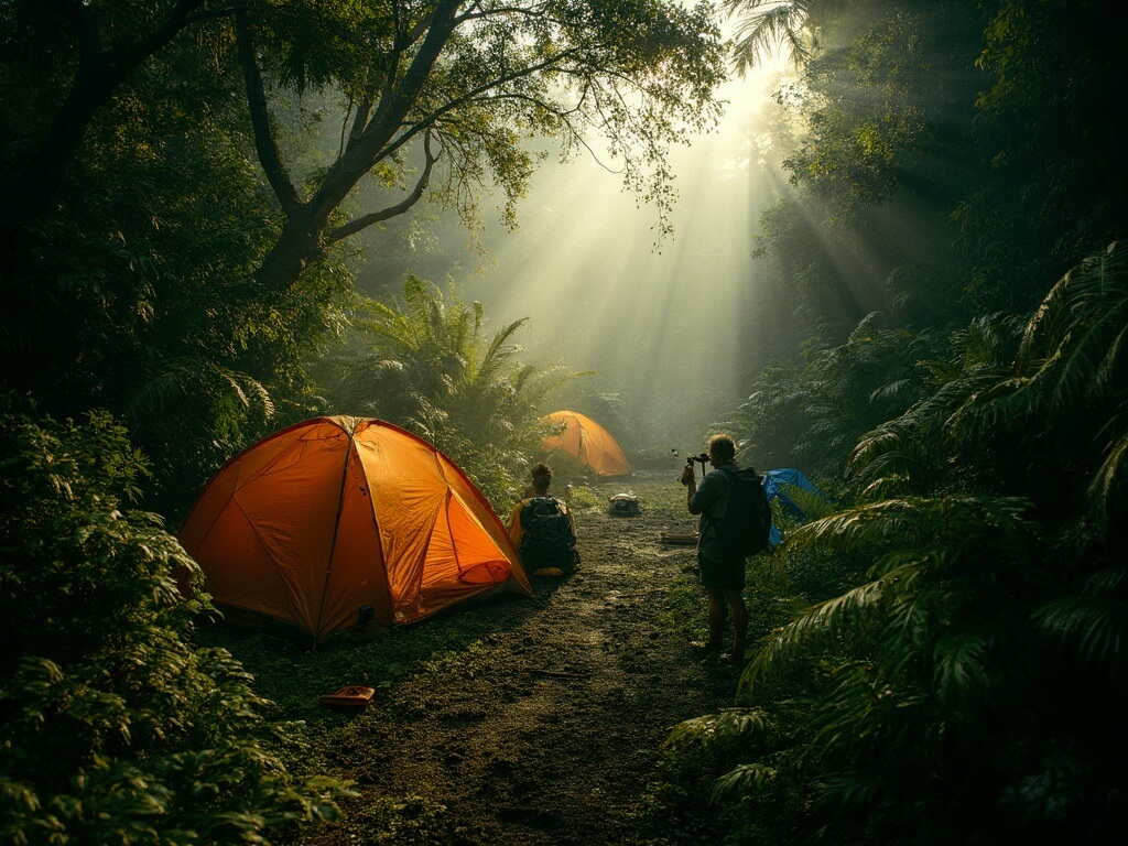 Backpacker applying insect repellent amidst mosquitoes in dense tropical Hanakoa Valley camping area with tents amongst giant ferns and kukui trees at dusk.
