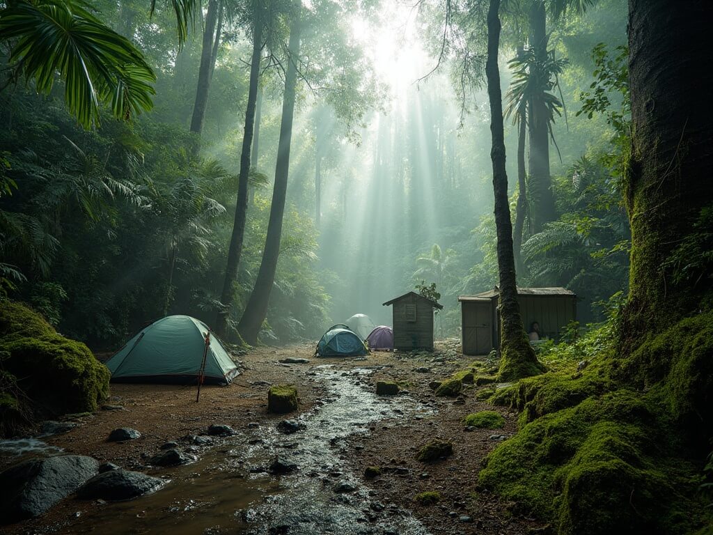 Camping area in Hanakoa Valley during early morning featuring damp tents under towering trees, a composting toilet structure, backpacking gear scattered on muddy ground, visible mist from moisture in air, stream water being treated by hikers with portable filters and mosquitoes in filtered sunlight through forest canopy.