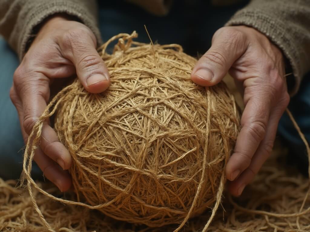 Close-up of weathered hands winding fresh sisal twine onto a historic ball, contrasted against decades-old layers with blurred background.