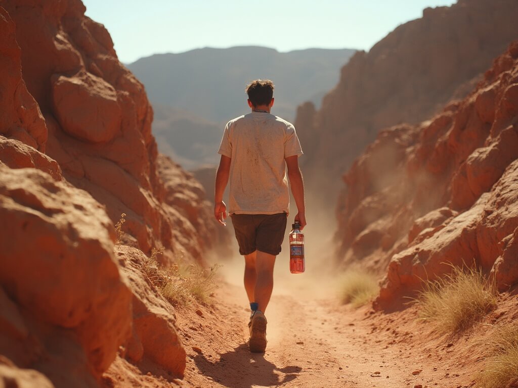 Hiker suffering from heat exhaustion on the sun-baked Fire Wave trail with visible heat radiating from the red rocks, holding an almost empty water bottle, shirt soaked in sweat, under the scorching midday sun casting slight shadows on the dangerous, shadeless terrain, displaying the risks of unprepared desert hiking in extreme 38°C heat