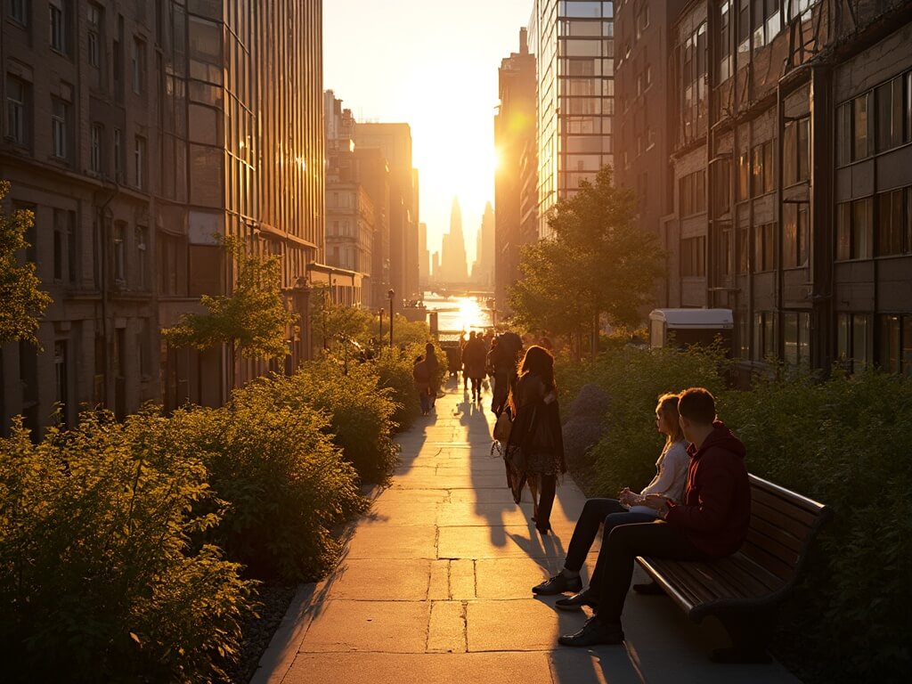 Golden hour at High Line showcasing the warm light reflection off Chelsea buildings, the backlit silhouettes of local residents enjoying the park, and the Hudson River glimmering in the distance.