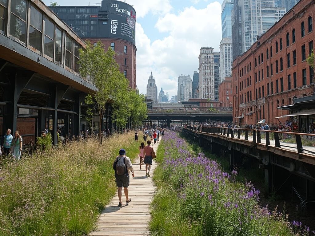Busy Saturday afternoon on the High Line at Chelsea Market, overlooking The Standard Hotel's unique architecture, visitors strolling along the wooden pathway, surrounded by summer grasses and purple coneflowers, and view of the red-brick Nabisco factory building with art installations around.