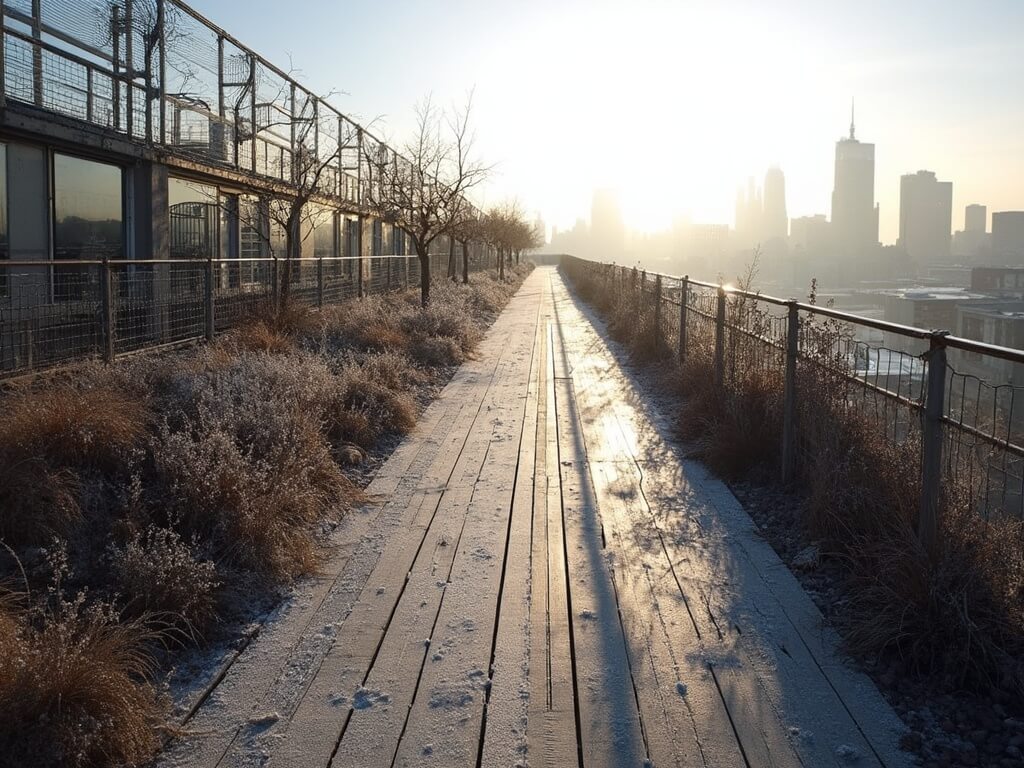 Early winter morning view of the empty High Line with frost on railings, bare architectural plantings, sharp Manhattan skyline, and long shadows on wood planking and steel rails, showcasing the solitude and structural landscape design.