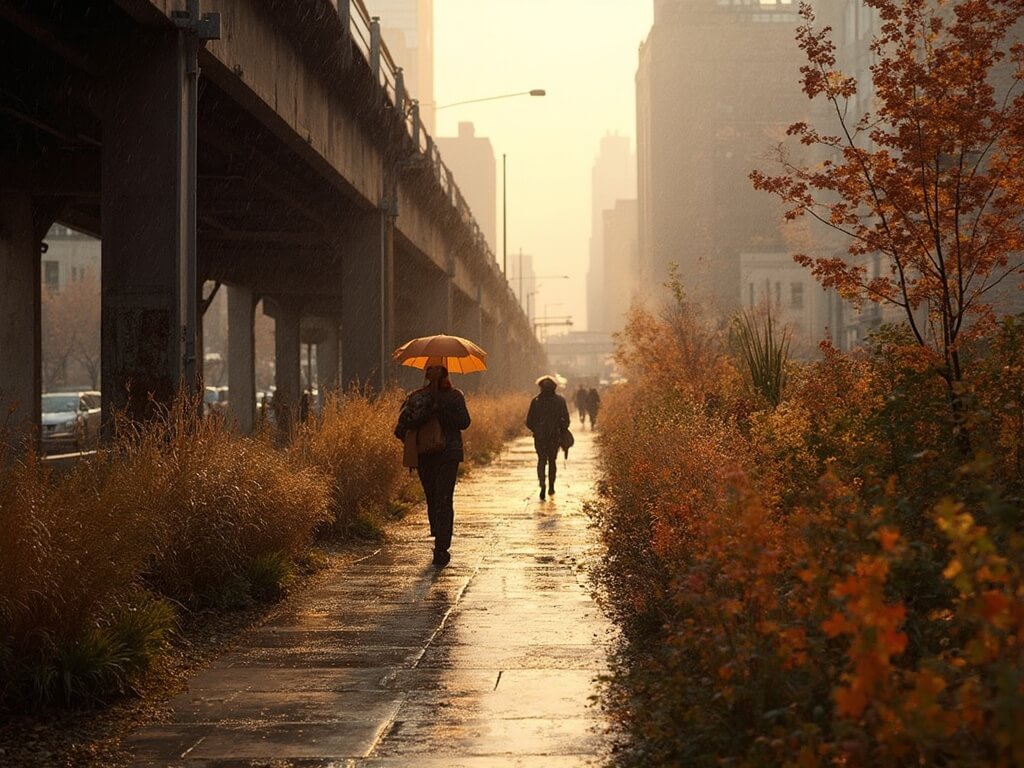 Golden hour view of High Line's southern entrance at Gansevoort Street with the Whitney Museum to the left, wet cobblestones reflecting light, autumn gardens with golden grasses along steel rails, and silhouettes of visitors with umbrellas against the Manhattan skyline.