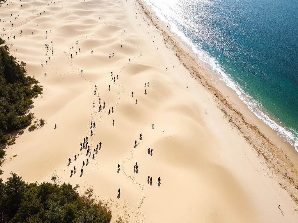 Aerial view of hikers spread across the Dunes Trail between the main dune summit and Lake Michigan, meandering through vast sand dunes, with dense forest edging the landscape and Lake Michigan in the distance.