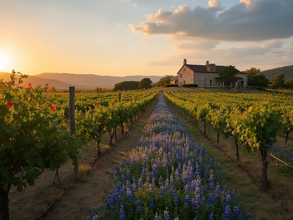 Hill Country vineyard with grapevines and wildflowers under sunset light, stone winery in background