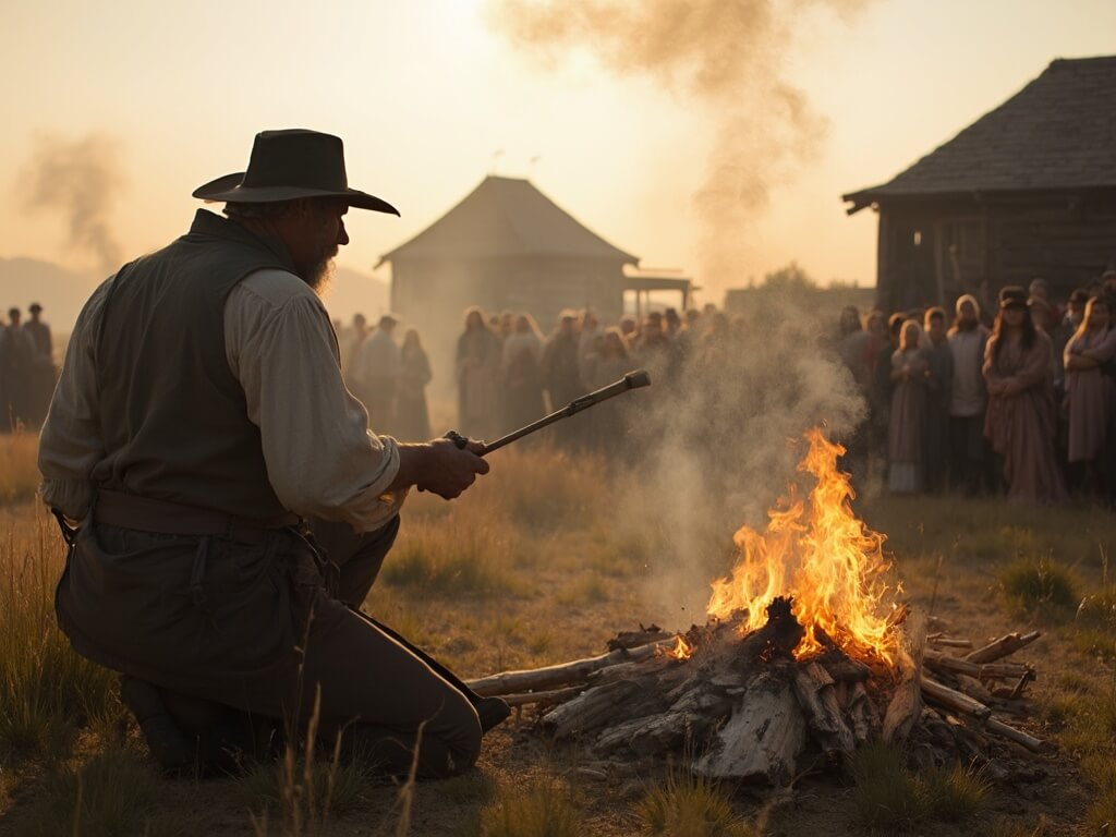 Costumed historical interpreter demonstrating fire-starting with flint and steel amidst native prairie grasses and settlement buildings, with focused expression and frontier clothing, observed by visitors during golden hour