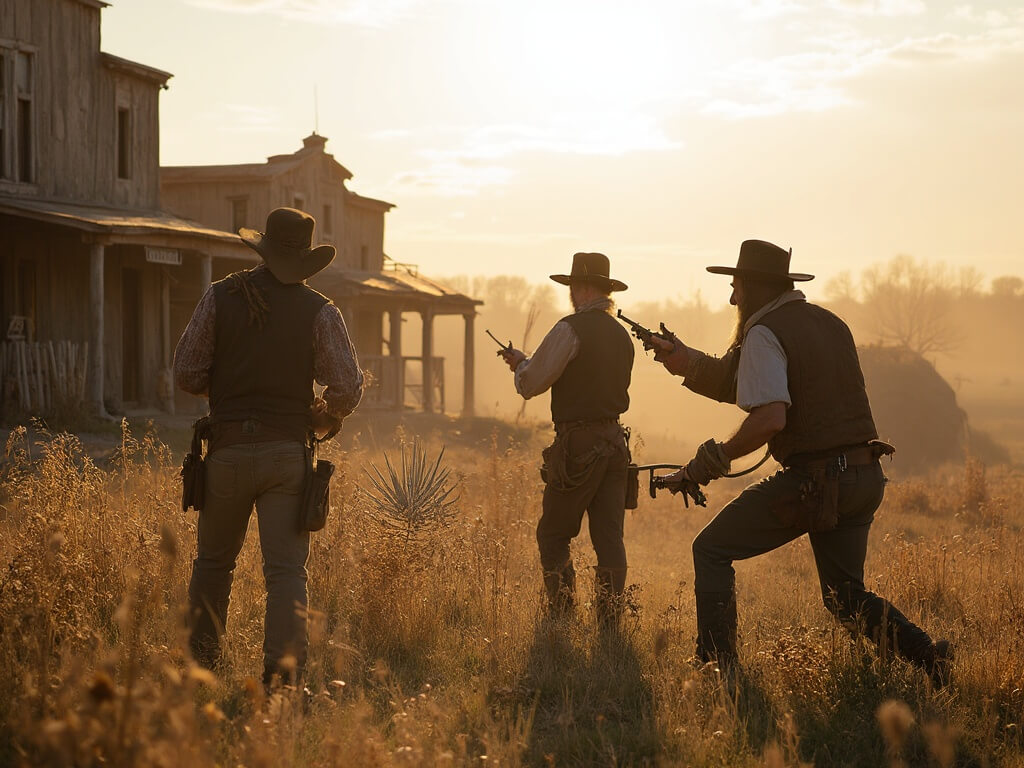 Costumed historical interpreters demonstrating frontier skills in a replica Western village during golden hour, with Oklahoma flora in the foreground, casting long shadows across their activities