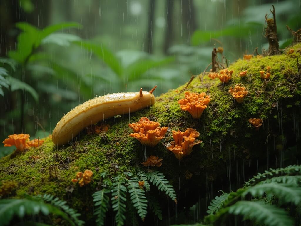 Banana slug on decomposing log amidst ferns and fungi in the Hoh Rainforest