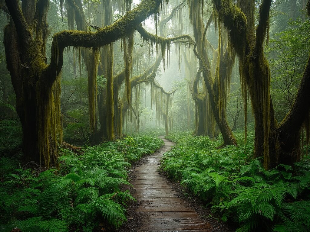 Misty morning view of Hall of Mosses Trail in Hoh Rainforest featuring ancient moss-draped maple trees and a winding wooden boardwalk through dense ferns, highlighting the ecosystem's high rainfall