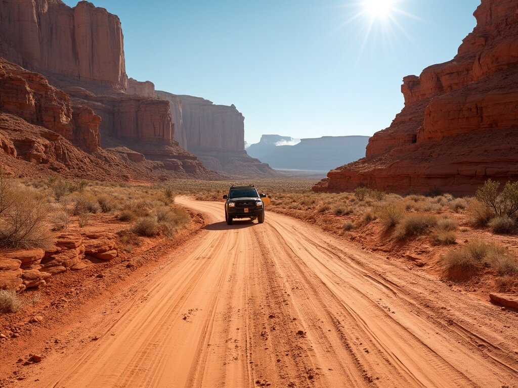 A high-clearance 4WD vehicle traversing the rough terrain of Hole-in-the-Rock Road in Utah's red rock desert, with the cliffs and mesas of Grand Staircase-Escalante National Monument in the background