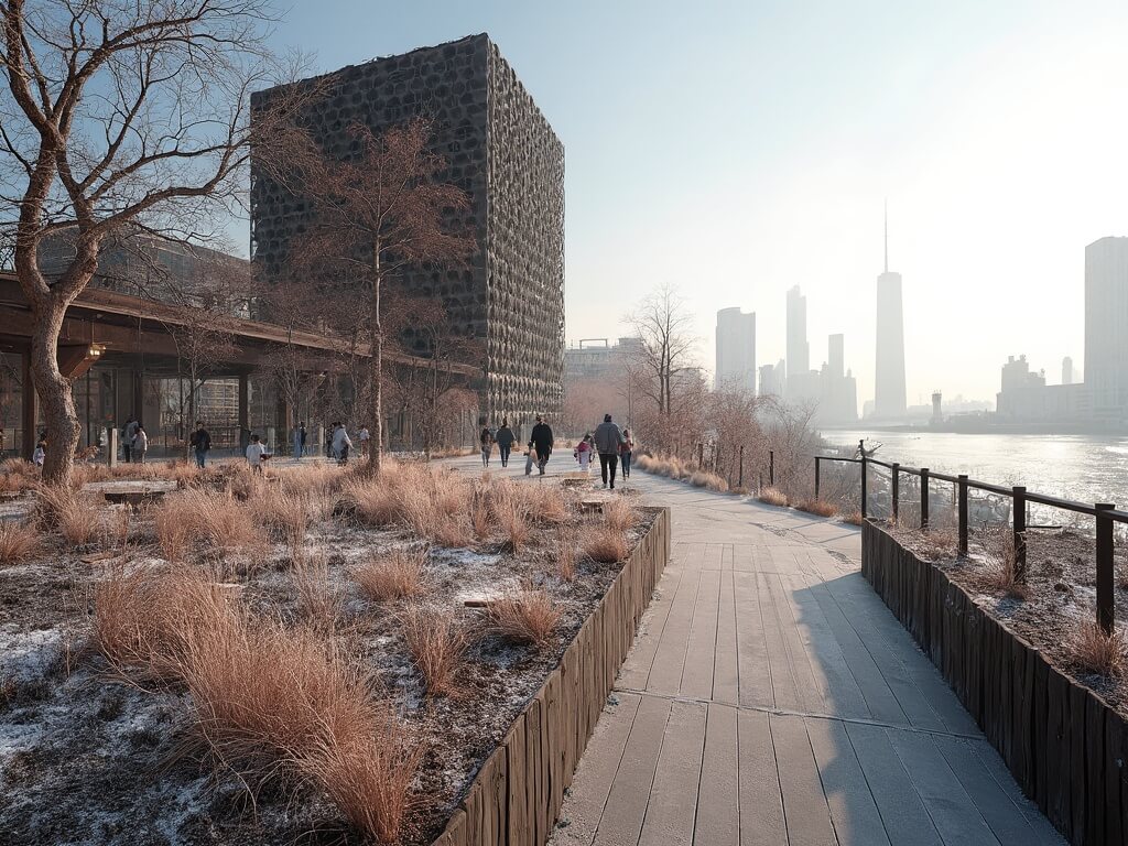 Frost-covered garden beds and bare plant stems at Hudson Yards' northern terminus during a January morning after the Spring Cutback, with The Vessel's honeycomb structure in background against a clear winter sky, minimal foot traffic on weathered ipe wood decking, and panoramic view of Hudson River and the shadowed industrial-heritage steel beams and glass towers of the West Side development lit by morning light.