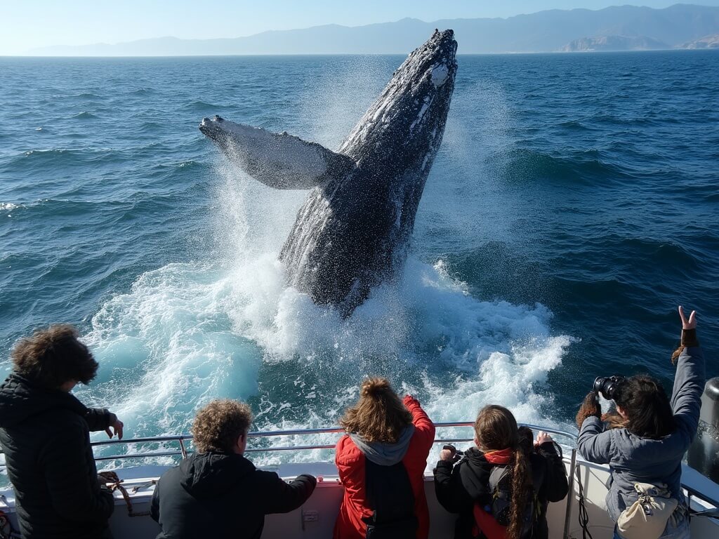 Humpback whale dramatically breaching near a packed tourist boat in the deep blue waters of Monterey Bay, with marine biologist and tourists capturing the moment