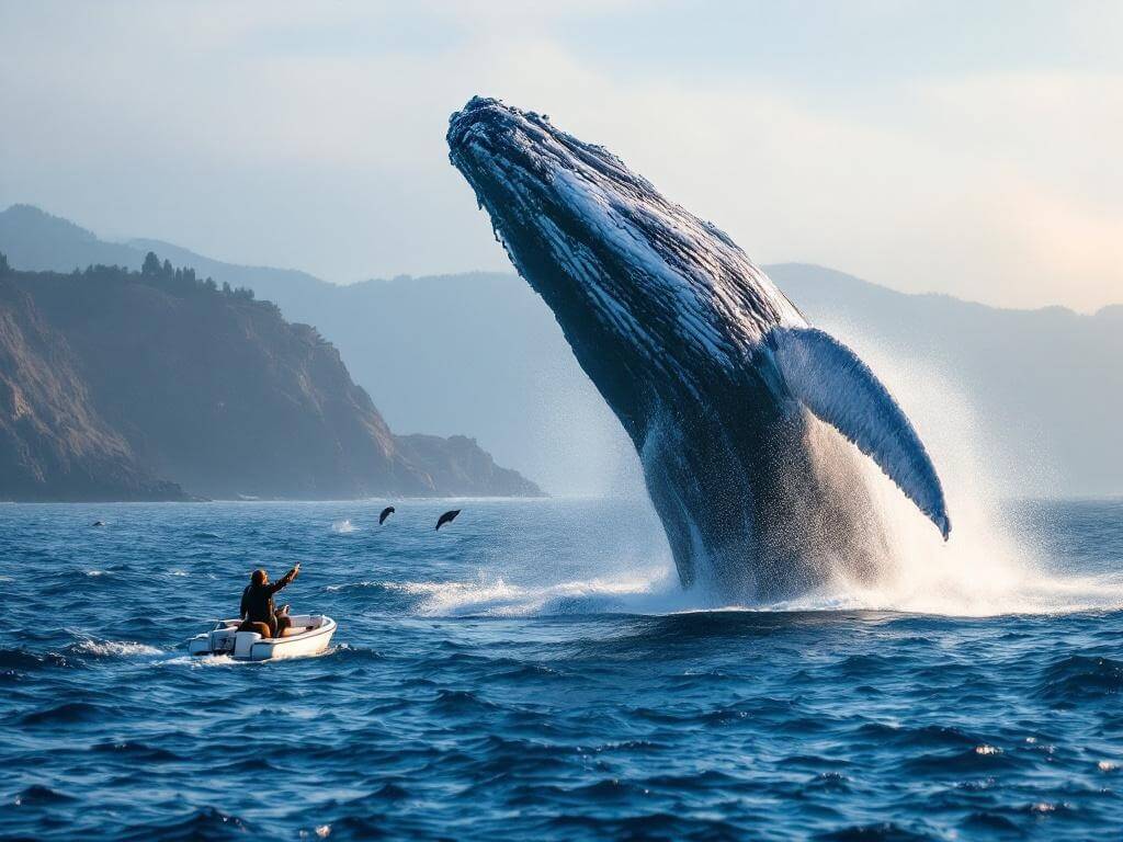 "Humpback whale breaching in Monterey Bay with water spray, a naturalist pointing from a whale watching boat, sea lions and dolphins in the distance, and the Monterey coastline under afternoon sunlight in the background"
