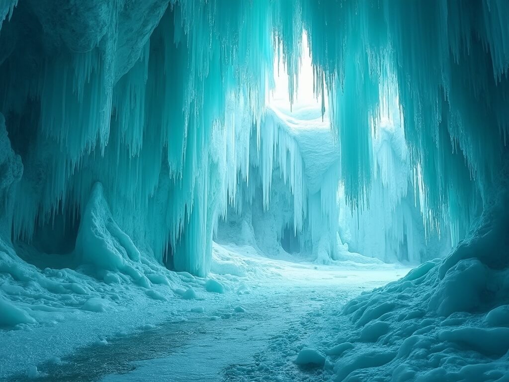 Inside view of a massive ice cave with towering translucent ice formations, sunlit blue and green hues, ice spikes, frozen curtains, layered cave floor, natural arches, and icicle forests creating a cathedral-like atmosphere.