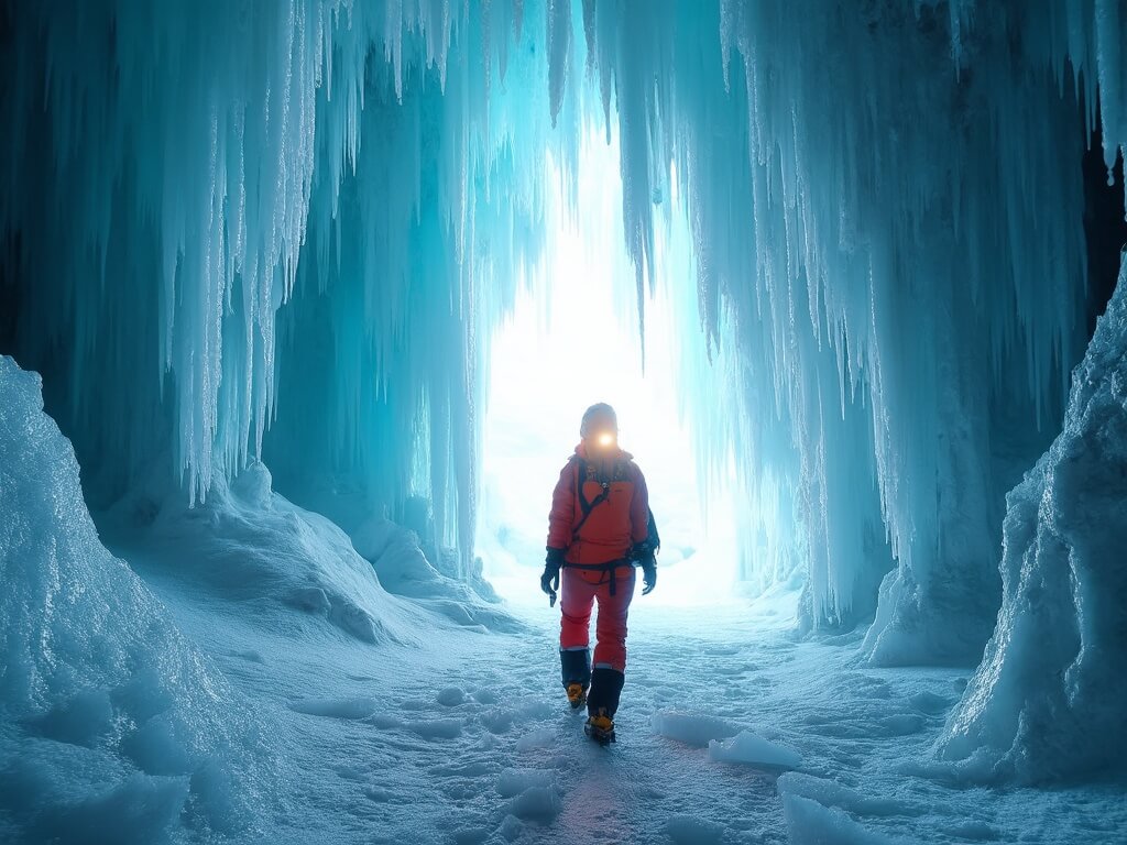 Person in red winter gear exploring a massive ice cave with frozen waterfalls, translucent ice columns, and icicle chandeliers.