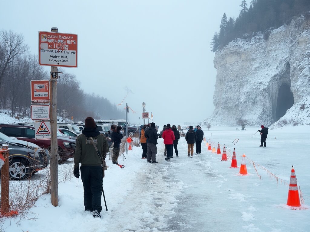 Park Service rangers conducting ice thickness testing at Meyers Beach access point with safety signs, rescue equipment and visitors in winter gear being briefed, a marked safe route onto the frozen Lake Superior with visible ice caves in cliff face.