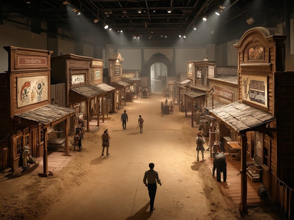 Elevated view of a large indoor frontier town exhibit including detailed reconstructed Western buildings, visitors for scale, atmospheric period lighting, and authentic architectural elements.