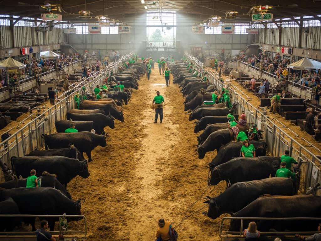 Aerial view of Iowa State Fair livestock barns during a 4-H competition, featuring cattle pens filled with animals, young farmers grooming them, judges examining entries, spectators lining walkways, showcasing agricultural heritage and fair's educational mission.
