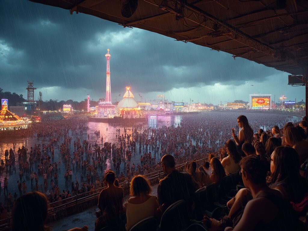 Families seeking shelter under a covered stage at the Iowa State Fair during a thunderstorm, with empty, rain-soaked carnival rides and dramatic storm clouds in the background, puddles reflecting midway lights.