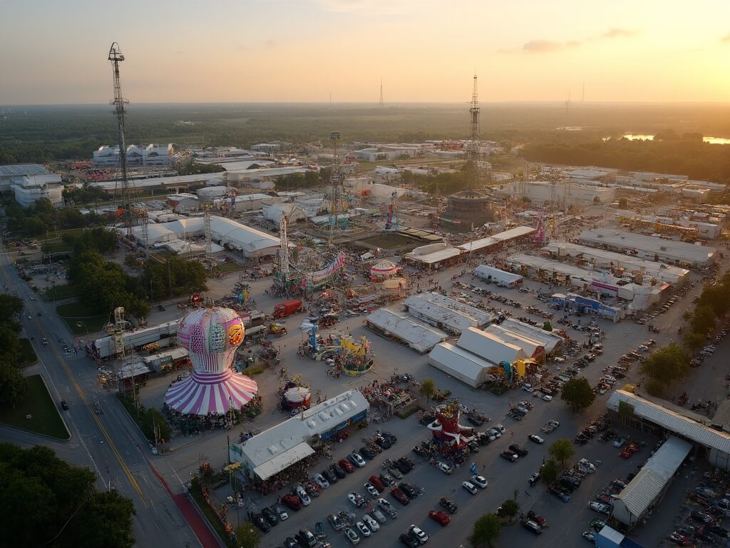Aerial sunrise view of the expansive Iowa State Fairgrounds featuring the iconic Grandstand, livestock barns, midway rides like the Giant Slide and Ferris wheel, burgeoning parking lots, and distant Des Moines skyline