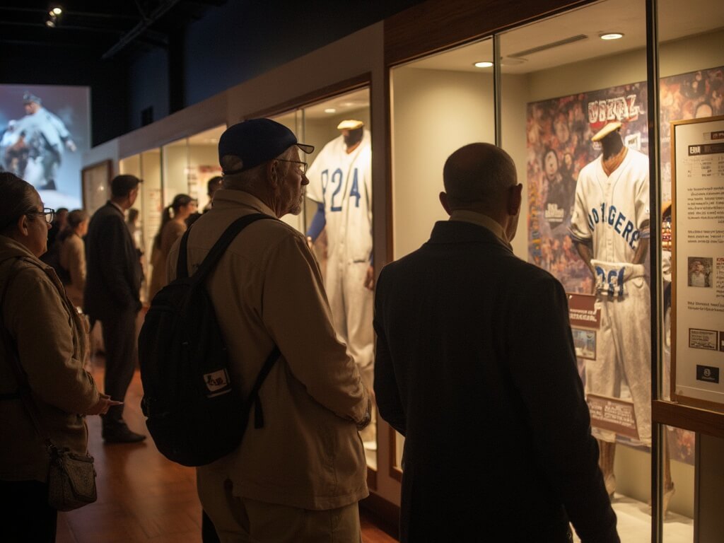 Diverse group of visitors, including an elderly African American man and his grandson, reading plaques in the Jackie Robinson exhibit at the Baseball Hall of Fame, with Brooklyn Dodgers uniform and artifacts visible in glass display cases.