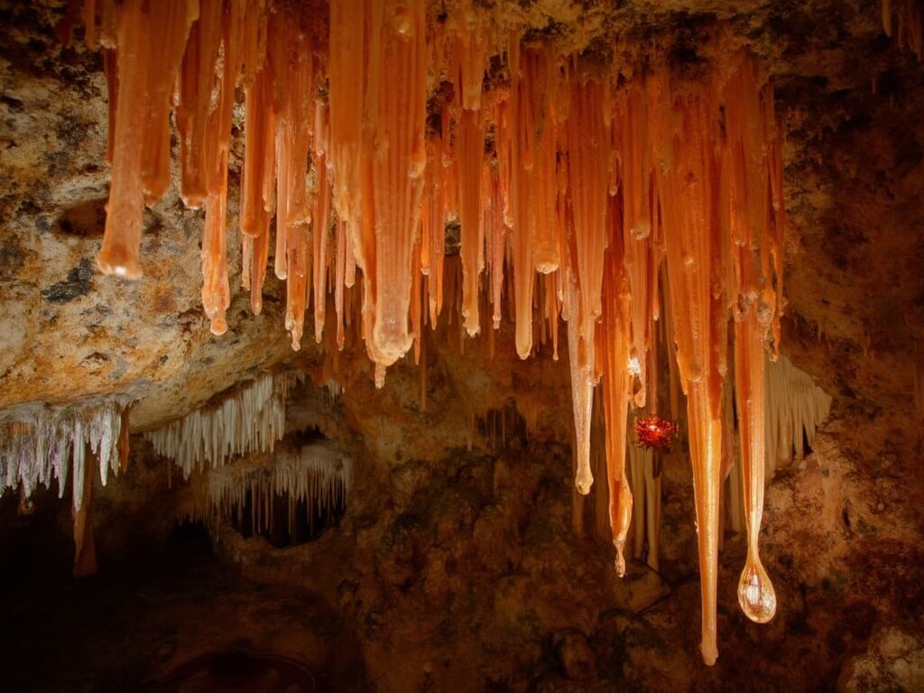 Illuminated 'cave bacon' formations and crystalline calcite features in Jewel Cave's main chamber, shot from 380 feet below ground level.