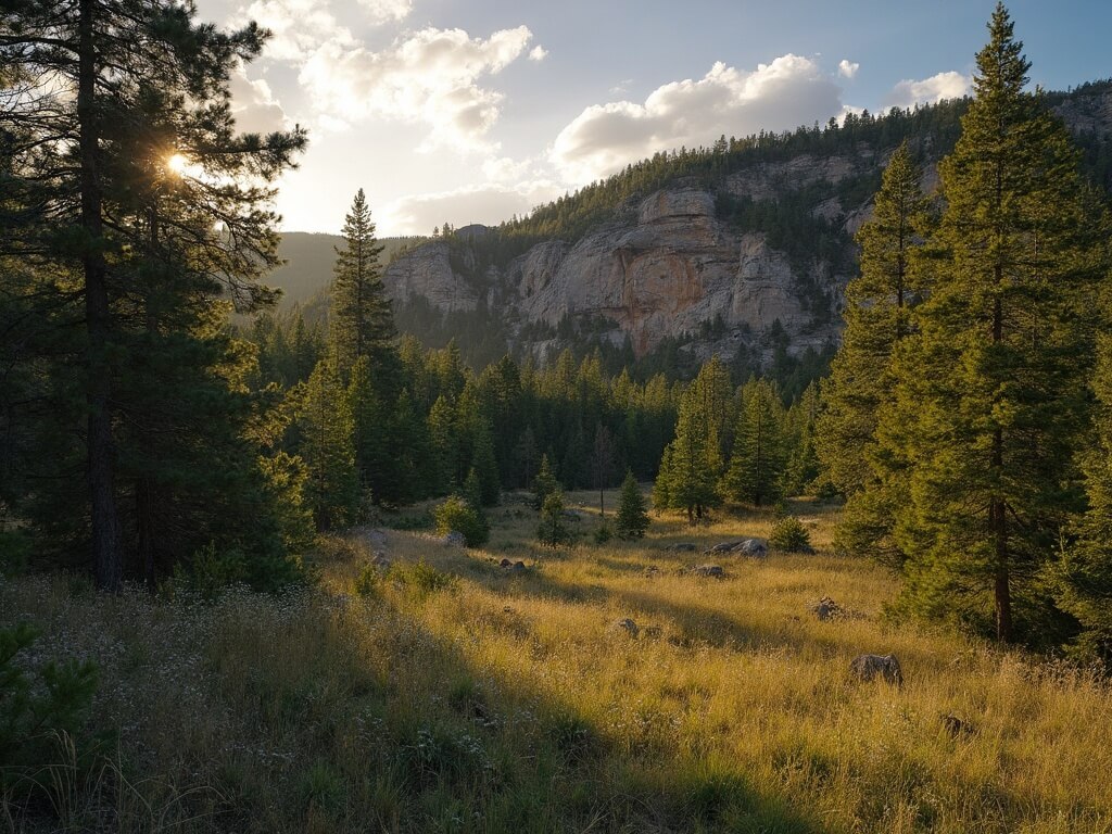 Golden hour view of Jewel Cave National Monument entrance amidst ponderosa pines, meadow grasses and limestone outcroppings, with a glimpse of the visitor center through the forest canopy