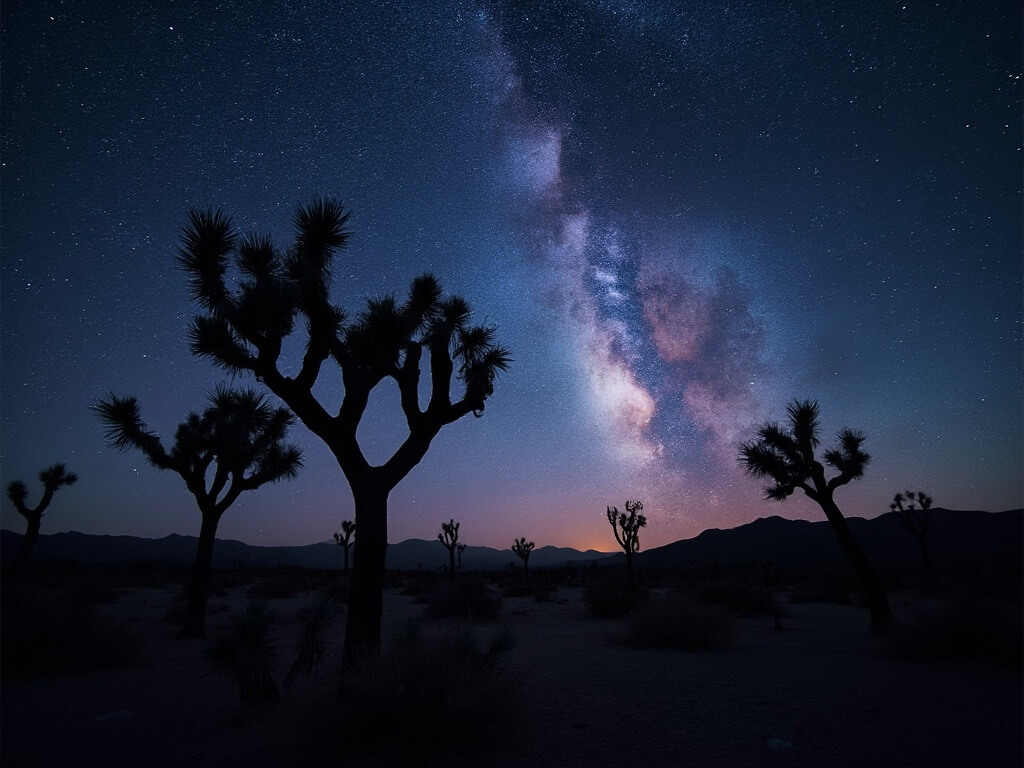 Long-exposure night shot of the Milky Way galaxy arcing across the sky over Joshua Tree silhouettes, with color gradient horizon due to airglow