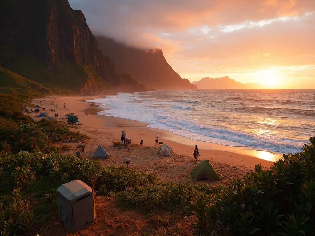 Sunset view of Kalalau Beach with camping tents, towering cliffs, bioluminescent ocean waves, wild goats, campers, composting toilet structure, and native Hawaiian plants in frame