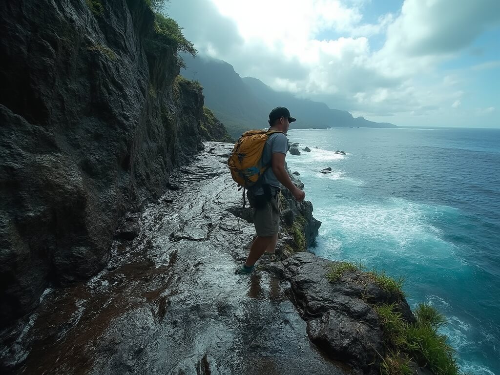 Hiker navigating the dangerous Crawler's Ledge on Kalalau Trail, struggling with balance due to wet rock surface and heavy backpack, with eroded trail edges, crashing waves below, a safety rope ahead, and storm clouds gathering over the Na Pali coastline.