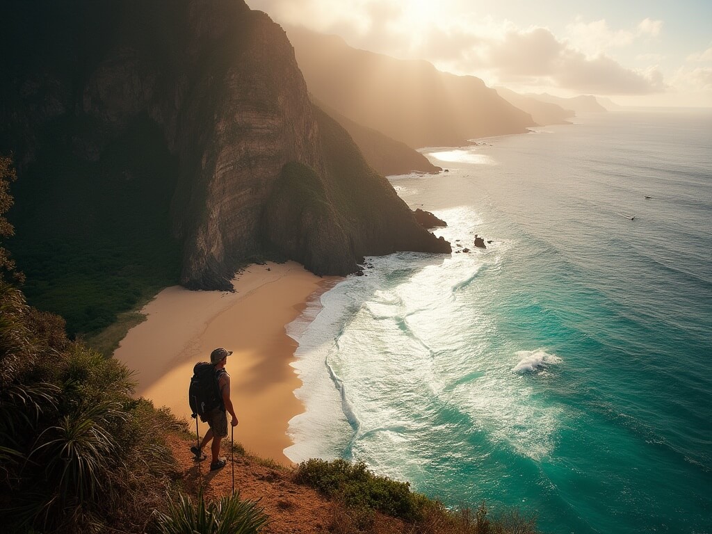Backpacker at sunrise overlooking Kalalau Valley and Beach with golden sand, cascading waterfalls, towering cliffs, turquoise ocean with rip currents, and cathedral-like rock formations